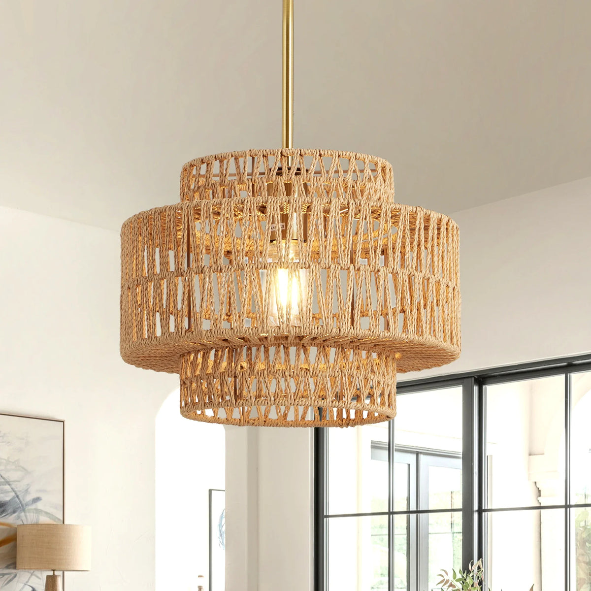 Boho Rattan Pendant Light, Hand-Knitted Wicker Shade, E26 Socket, Dimmable AC Fixture for Living Rooms and Dining Areas - product view 4
