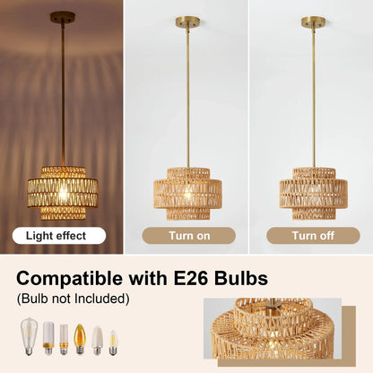 Boho Rattan Pendant Light, Hand-Knitted Wicker Shade, E26 Socket, Dimmable AC Fixture for Living Rooms and Dining Areas - product view 6