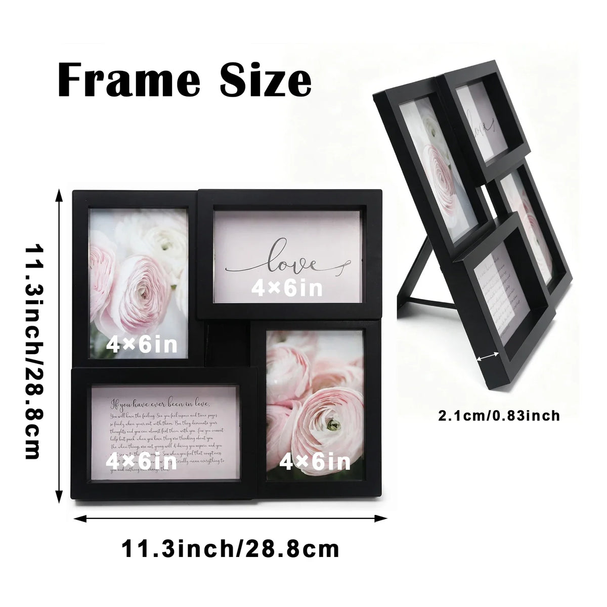 4-Piece Plastic Photo Frame Set, Modern Rectangular Multi-Frame Display for Four 4 x 6 Inch Pictures, Black - product view 4
