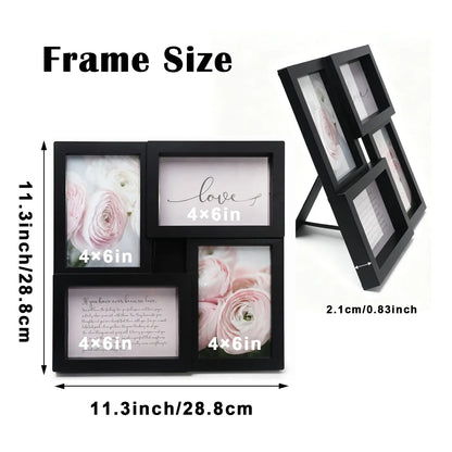 4-Piece Plastic Photo Frame Set, Modern Rectangular Multi-Frame Display for Four 4 x 6 Inch Pictures, Black - product view 4