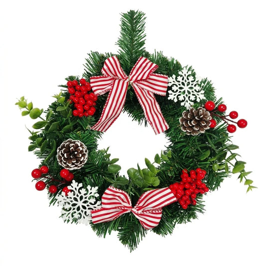 30cm Norfolk Pine Christmas Wreath, Round Handwoven Holiday Door and Window Decor, Red White Bow, Elk or Double Red Bow - product view 1