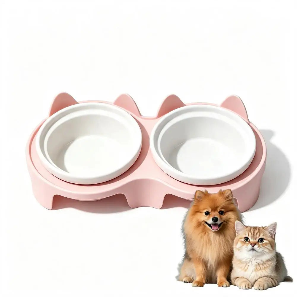 Slanted Double Pet Bowl, 2 x 150 ml Plastic Feeding Station, 15-Degree Tilt, Anti-Tip Spill-Proof Base for Cats and Small Dogs - product view 2