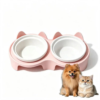 Slanted Double Pet Bowl, 2 x 150 ml Plastic Feeding Station, 15-Degree Tilt, Anti-Tip Spill-Proof Base for Cats and Small Dogs - product view 2