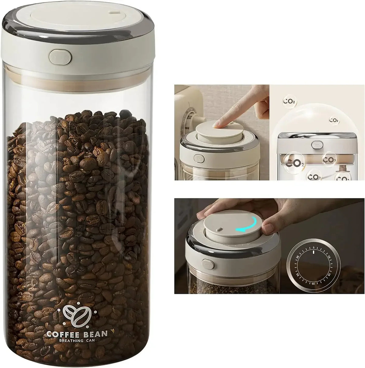Glass Coffee Canister, Airtight Bean Storage Container with Freshness Tracker and CO2 Valve, 500 mL to 1700 mL Options - product view 3