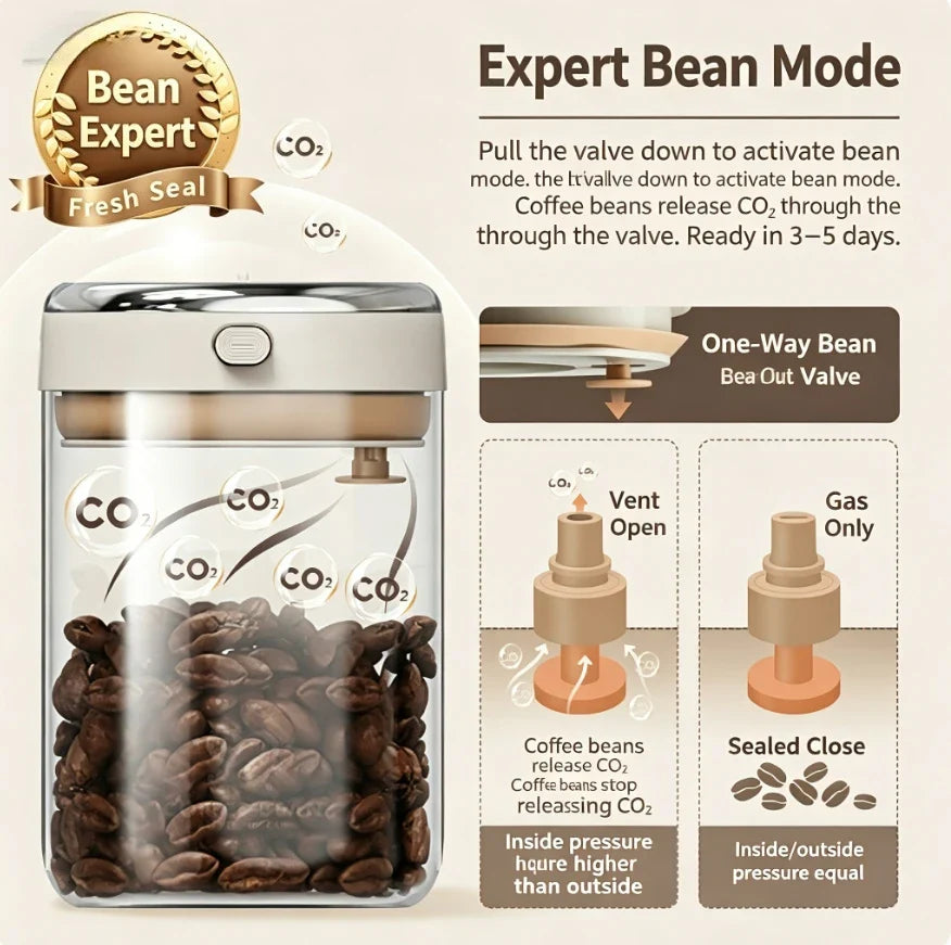 Glass Coffee Canister, Airtight Bean Storage Container with Freshness Tracker and CO2 Valve, 500 mL to 1700 mL Options - product view 5