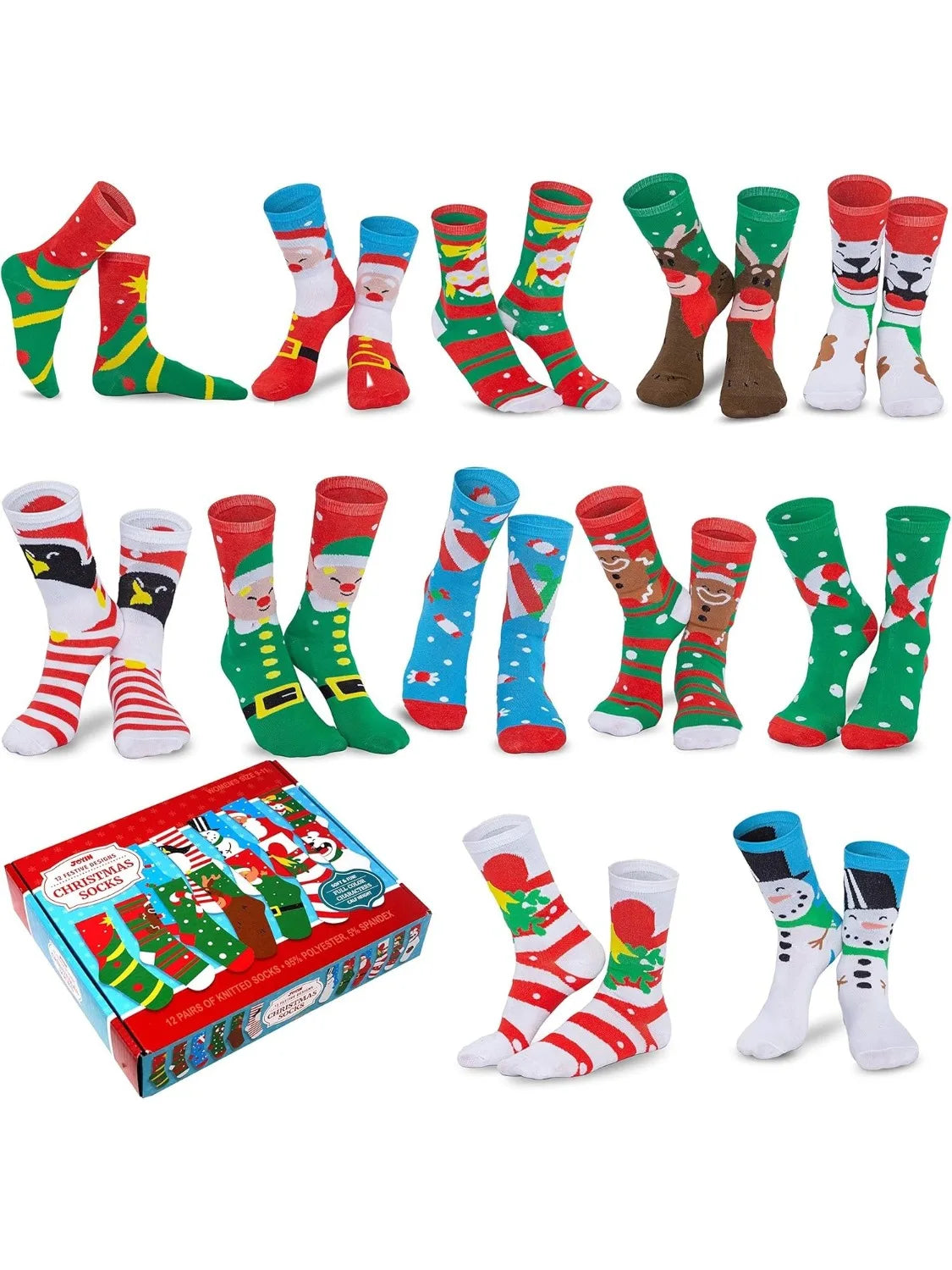Christmas Socks Gift Box, 12-Pair Cotton Holiday Sock Set, Festive Designs, Size 9–11 for Women and Men - product view 1