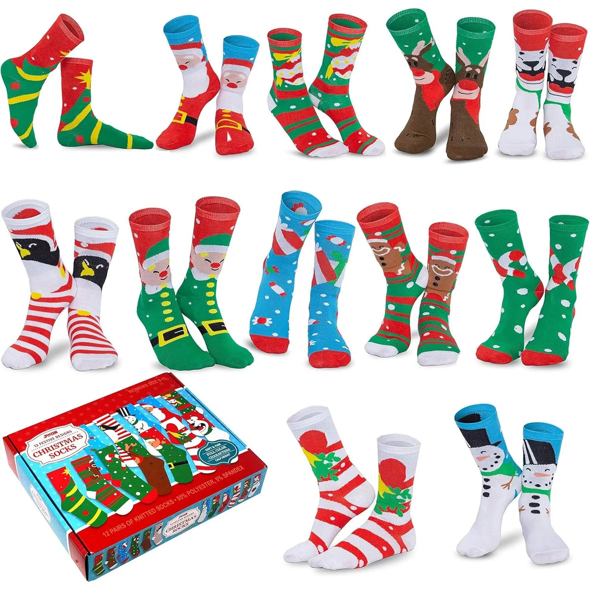 Christmas Socks Gift Box, 12-Pair Cotton Holiday Sock Set, Festive Designs, Size 9–11 for Women and Men - product view 2