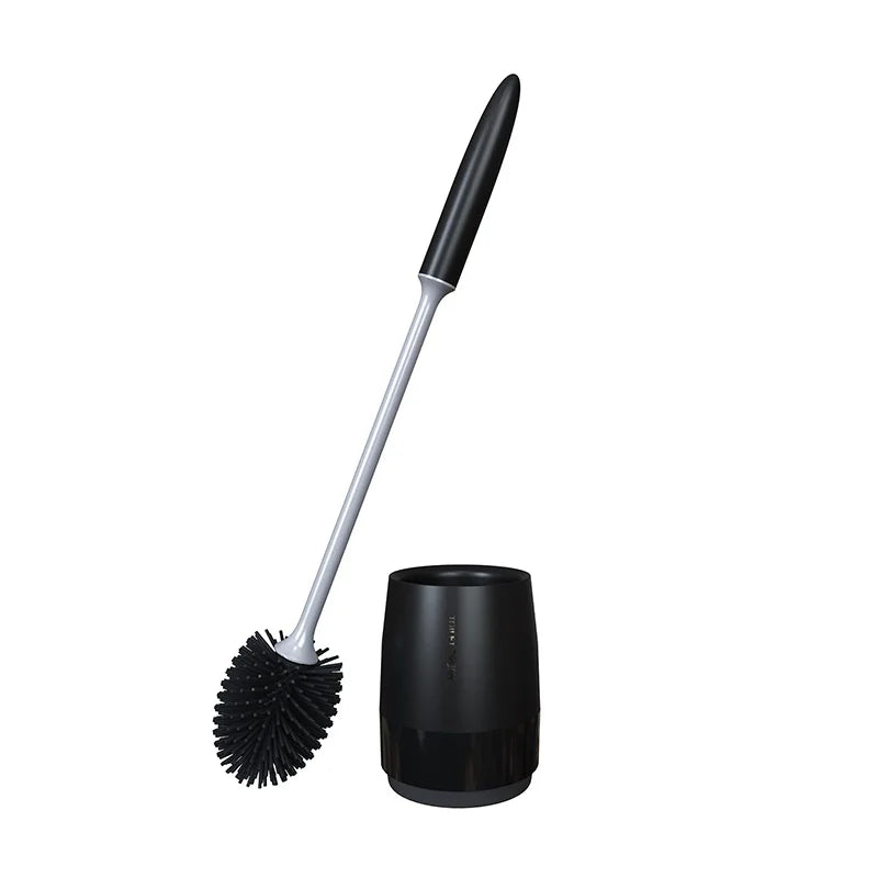 Quick-Draining Plastic Silicone-Head Toilet Brush Set, Ergonomic Handle, Wall-Mount or Floor-Standing, Black or White - product view 1
