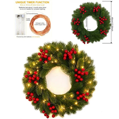 Glowing Christmas Wreath, 40 cm Polyester Evergreen Pine-Style Holiday Door and Wall Decor for Indoor or Outdoor Displays - product view 2
