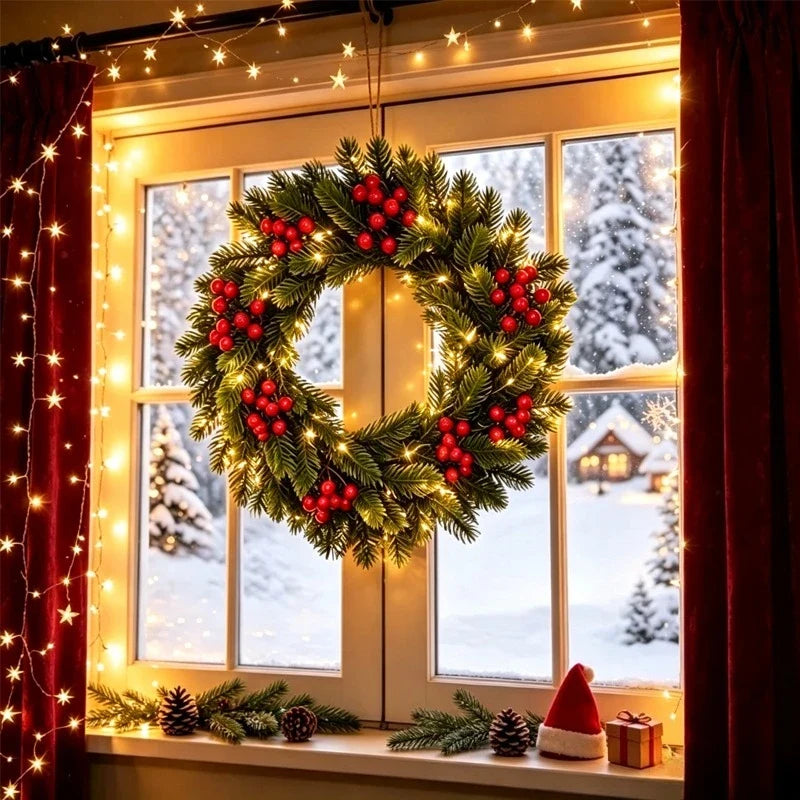 Glowing Christmas Wreath, 40 cm Polyester Evergreen Pine-Style Holiday Door and Wall Decor for Indoor or Outdoor Displays - product view 4