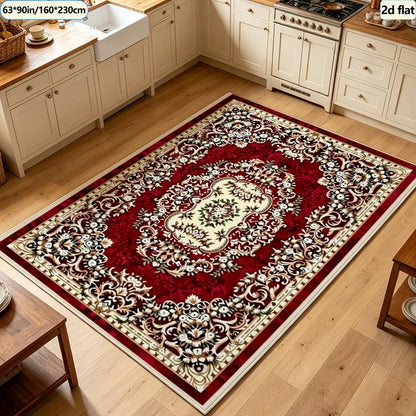 Classic Red Medallion Area Rug, Ornate Striped Polyester Carpet with Rubber Backing, Machine-Made Floor Mat in Six Sizes - product view 4