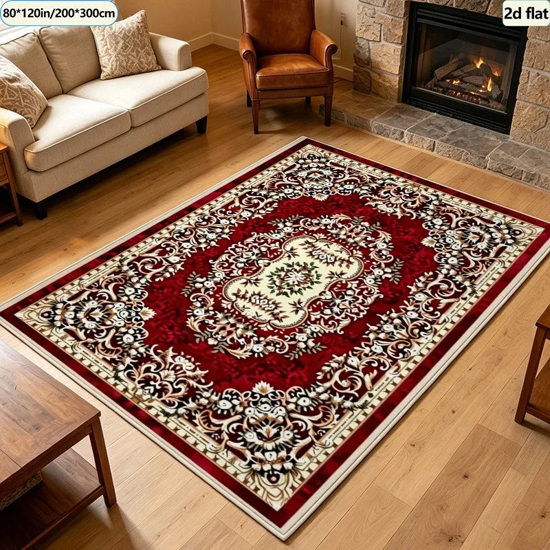 Classic Red Medallion Area Rug, Ornate Striped Polyester Carpet with Rubber Backing, Machine-Made Floor Mat in Six Sizes - product view 6