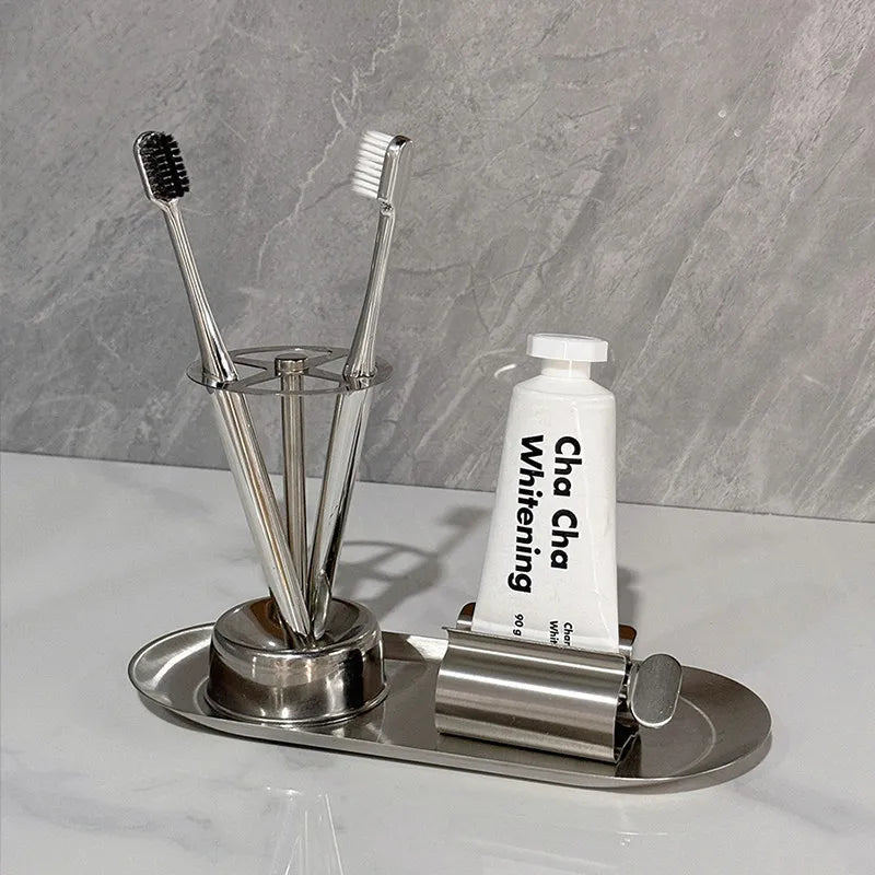 Plastic No-Drill Toothbrush and Toothpaste Holder, Wall-Mounted Bathroom Rack with Countertop Storage Options - product view 4