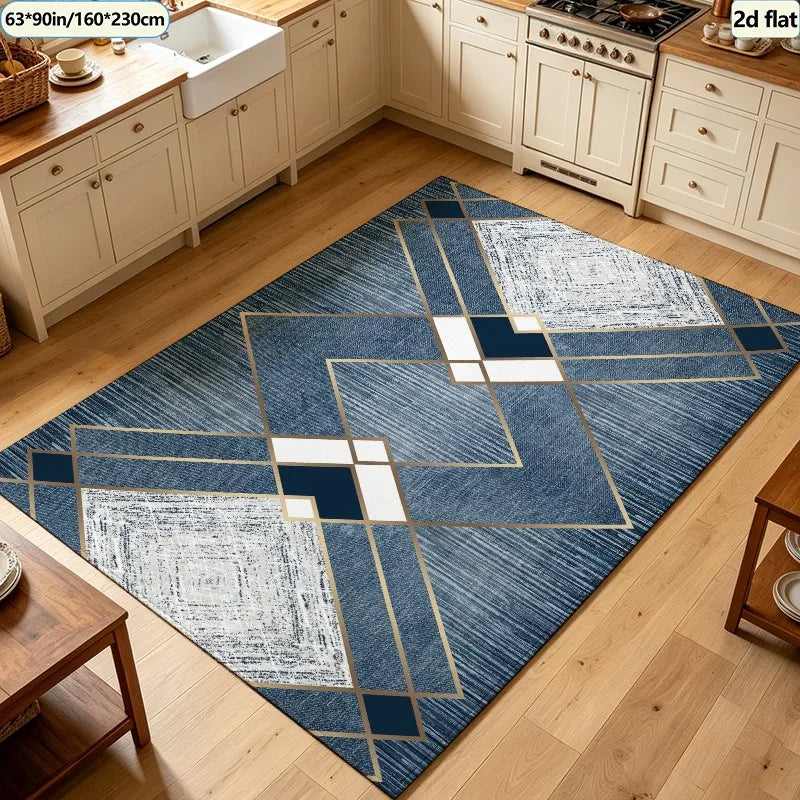 Blue Gold Striped Area Rug, 100% Polyester Machine-Made Carpet with Rubber Backing for Dining Room and Living Room - product view 4