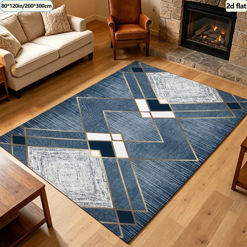 Blue Gold Striped Area Rug, 100% Polyester Machine-Made Carpet with Rubber Backing for Dining Room and Living Room - product view 6