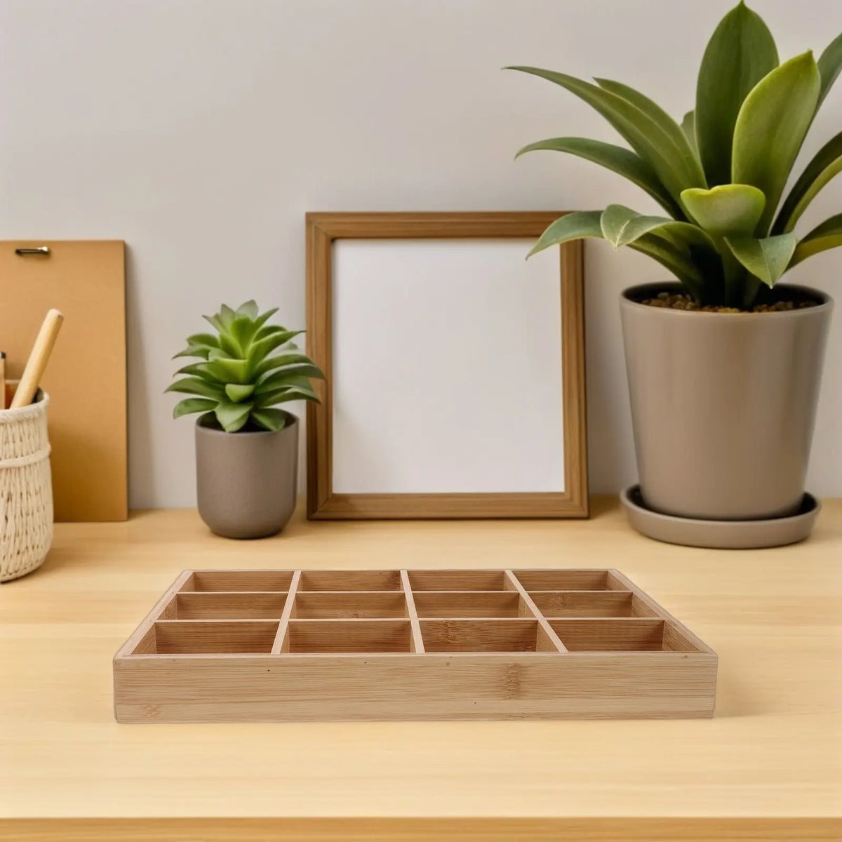 Bamboo Drawer Organizer, 12-Compartment Storage Box for Socks, Underwear, Accessories and Clothes Drawers, Beige - product view 5