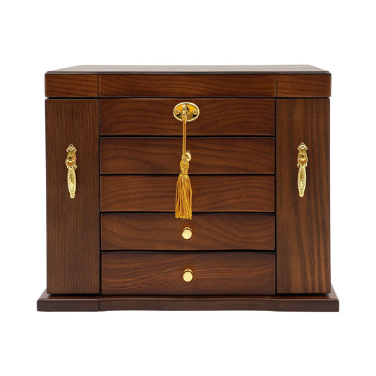 5-Tier Wooden Jewelry Storage Box with Lock, Four Drawers, Removable Compartments, Necklace Hooks, Brown - product view 1