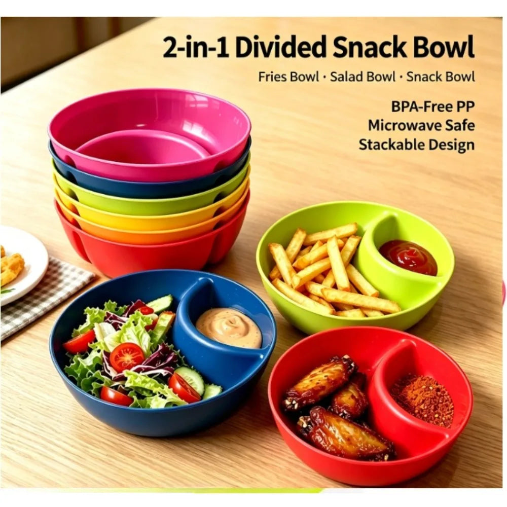 Divided Snack Bowl, 2-Compartment Food-Grade Plastic, BPA-Free, Microwave-Safe and Stackable for Parties and Picnics - product view 3