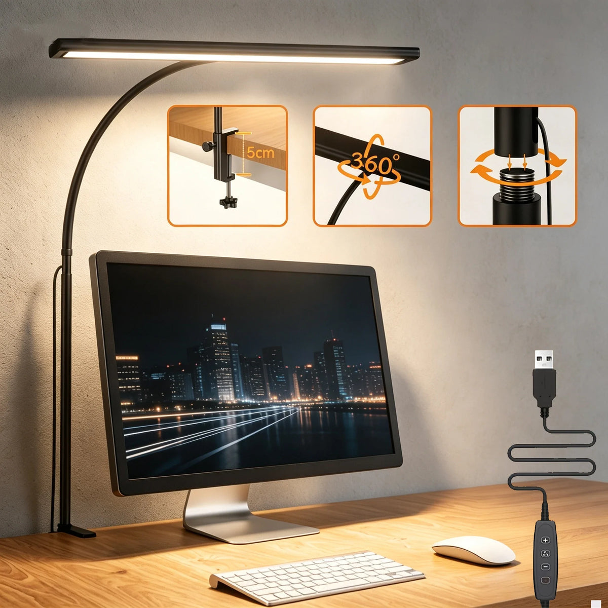 LED Clamp Desk Lamp, 360° Flexible Gooseneck, Stepless Dimming, 3000K-6000K, 5V USB Power for Home Office - product view 3