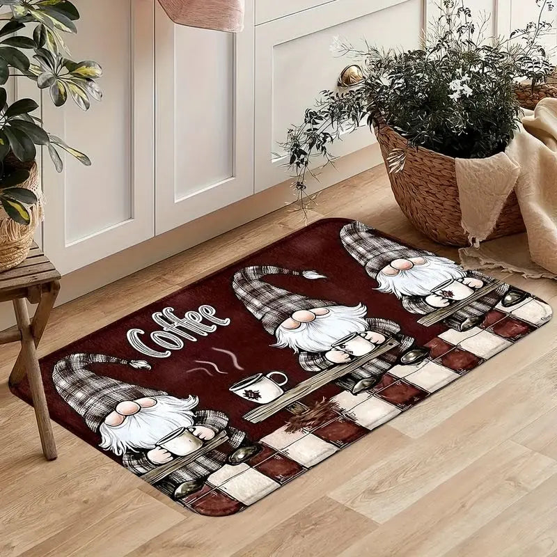 Burgundy Gnome Kitchen Runner Rug, Soft Printed Polyester, Non-Slip PVC Backing, Fade-Resistant Entryway Mat - product view 1