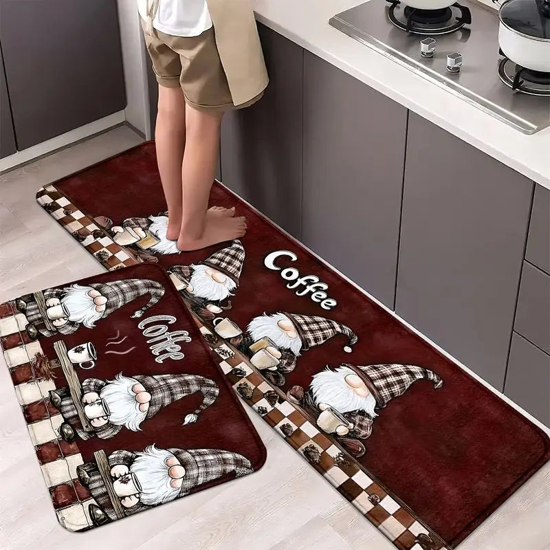 Burgundy Gnome Kitchen Runner Rug, Soft Printed Polyester, Non-Slip PVC Backing, Fade-Resistant Entryway Mat - product view 2
