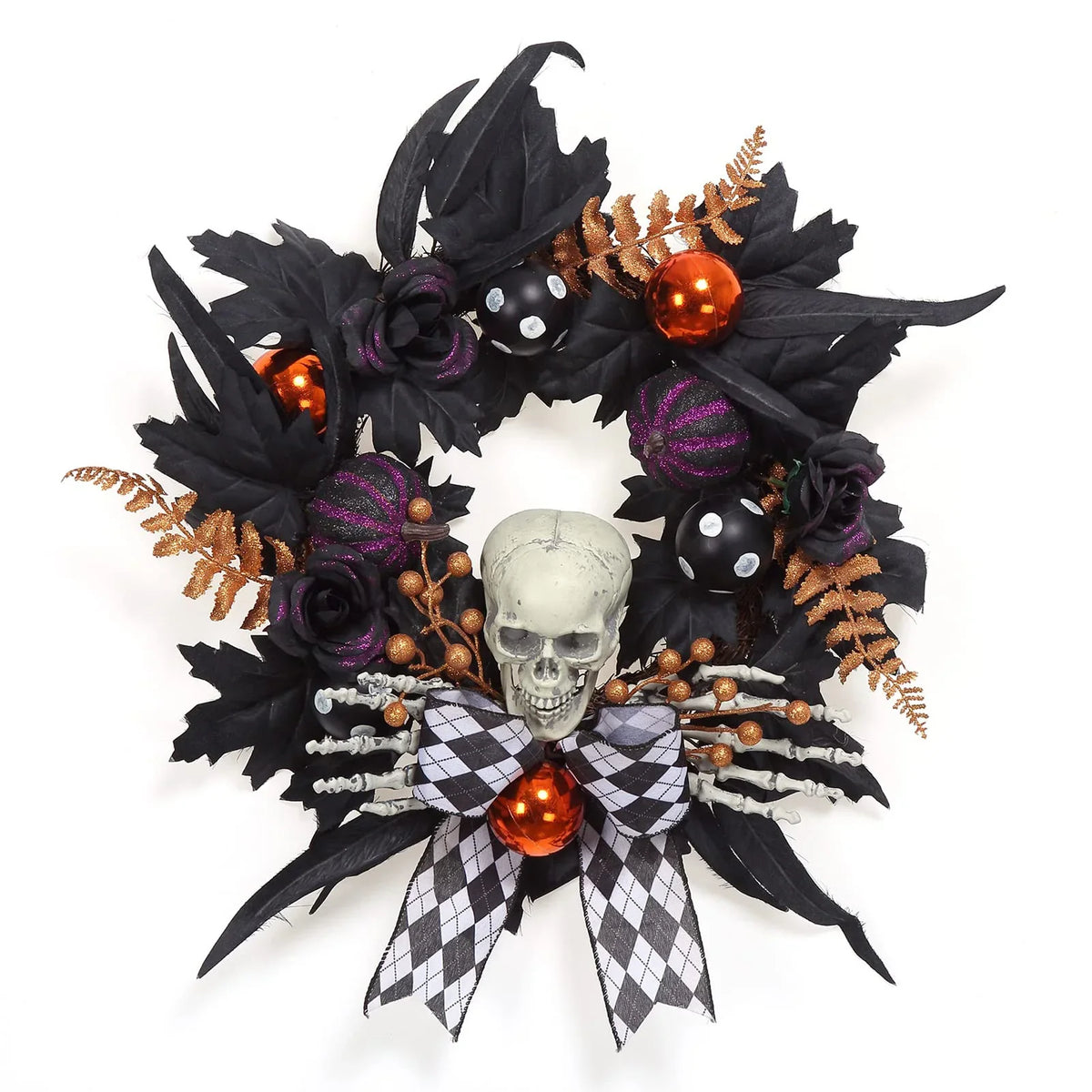 Gothic Skeleton Halloween Wreath, Round Plastic Skull and Skeleton Hands Decor with Feathers, Pumpkins and Plaid Bow - product view 1