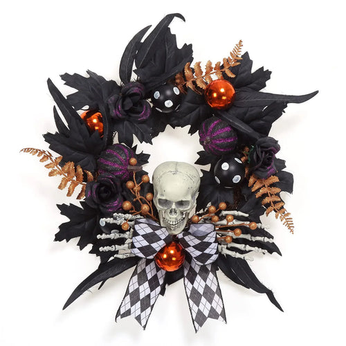 Gothic Skeleton Halloween Wreath, Round Plastic Skull and Skeleton Hands Decor with Feathers, Pumpkins and Plaid Bow - product view 1