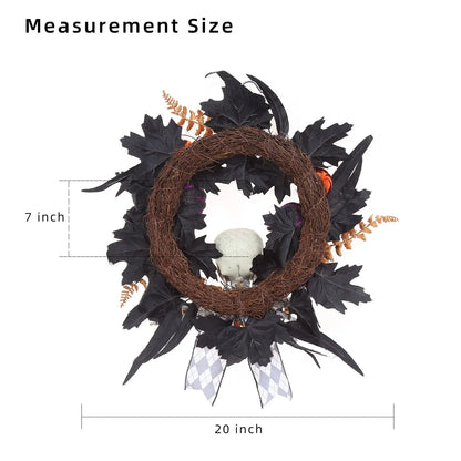 Gothic Skeleton Halloween Wreath, Round Plastic Skull and Skeleton Hands Decor with Feathers, Pumpkins and Plaid Bow - product view 3