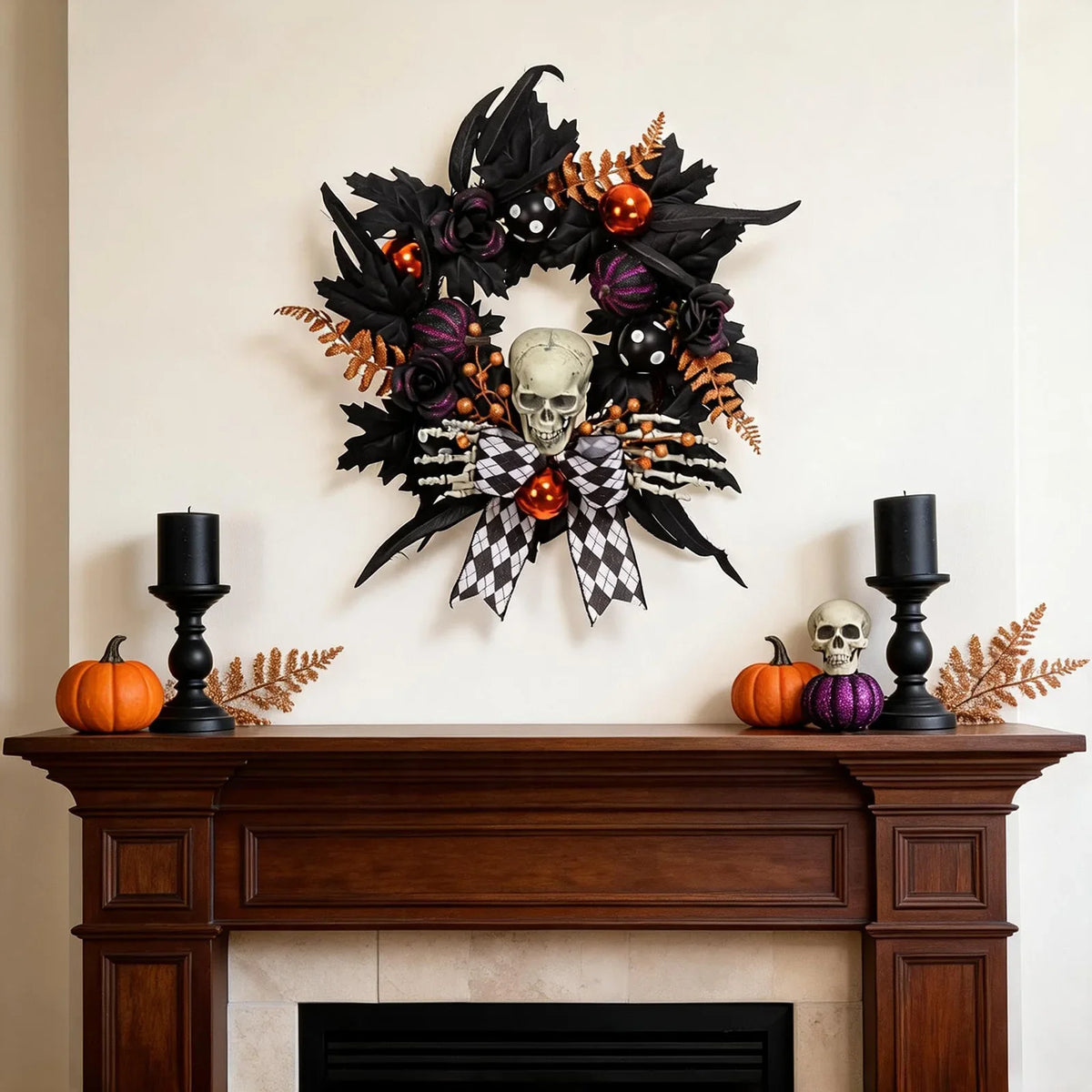 Gothic Skeleton Halloween Wreath, Round Plastic Skull and Skeleton Hands Decor with Feathers, Pumpkins and Plaid Bow - product view 5