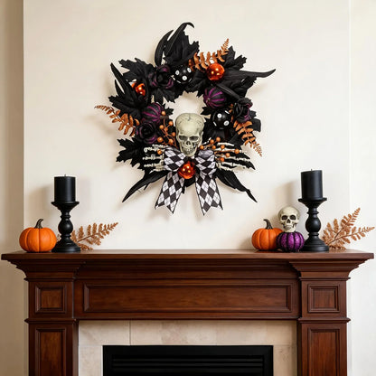 Gothic Skeleton Halloween Wreath, Round Plastic Skull and Skeleton Hands Decor with Feathers, Pumpkins and Plaid Bow - product view 5