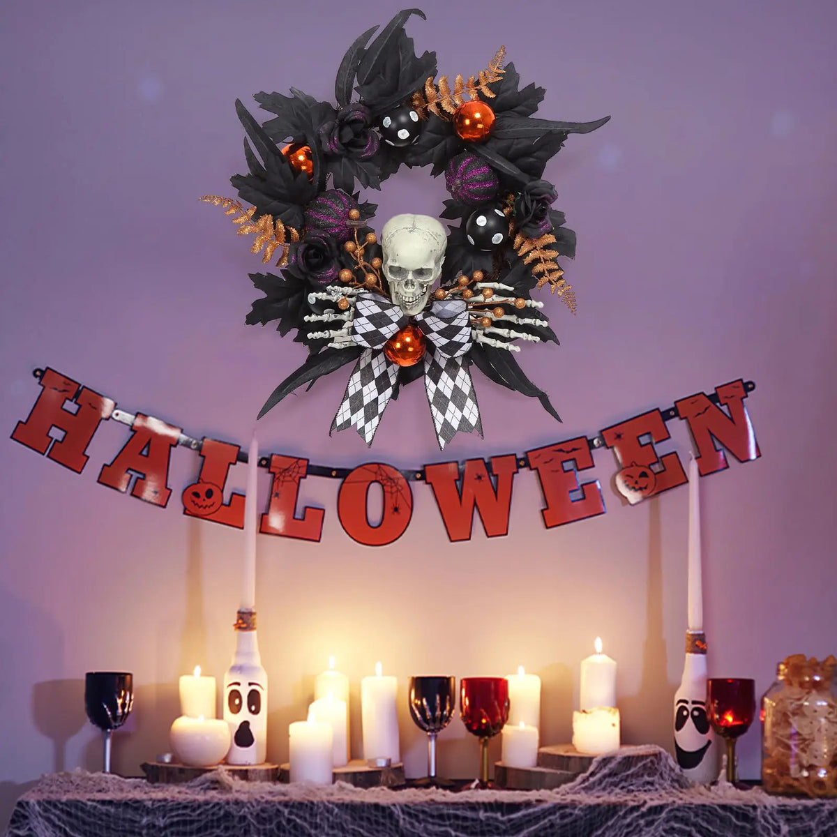 Gothic Skeleton Halloween Wreath, Round Plastic Skull and Skeleton Hands Decor with Feathers, Pumpkins and Plaid Bow - product view 6