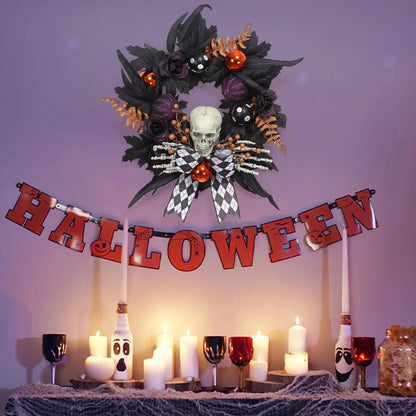Gothic Skeleton Halloween Wreath, Round Plastic Skull and Skeleton Hands Decor with Feathers, Pumpkins and Plaid Bow - product view 6