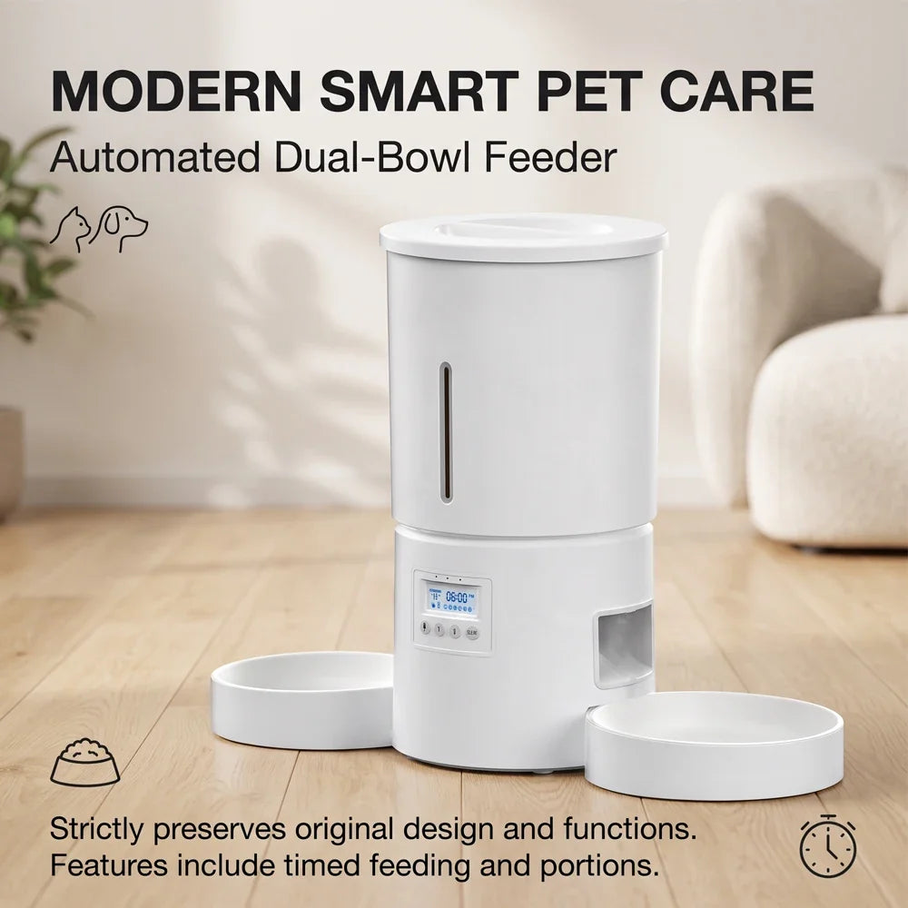Automatic Pet Feeder, 4L Double-Bowl Plastic Design, Charge-Powered Button Feeder in White or Black for Cats and Dogs - product view 5