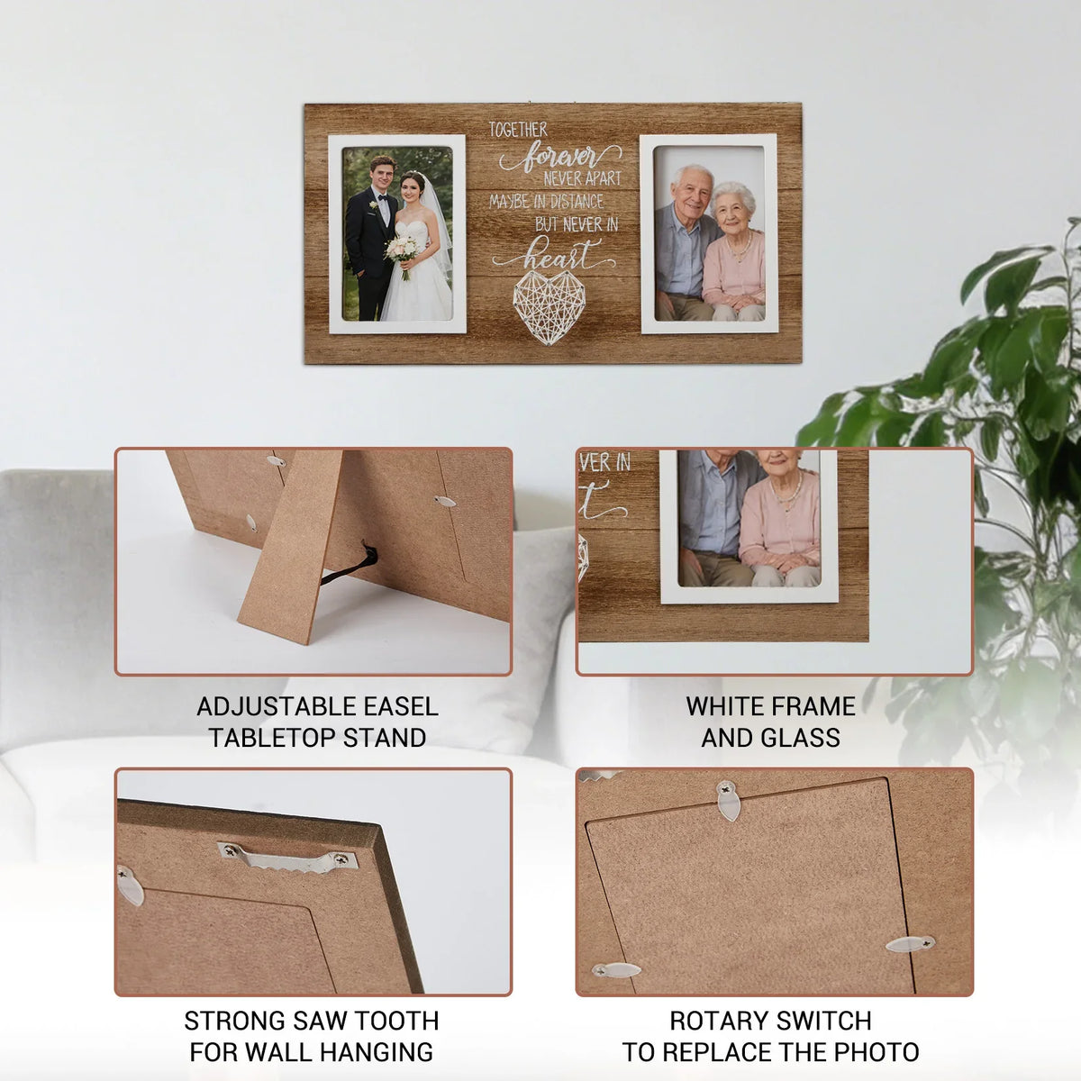 Dual Rectangle Picture Frame, Inspirational Text and Heart Decoration, Tabletop or Wall Display in Light or Dark Brown - product view 6