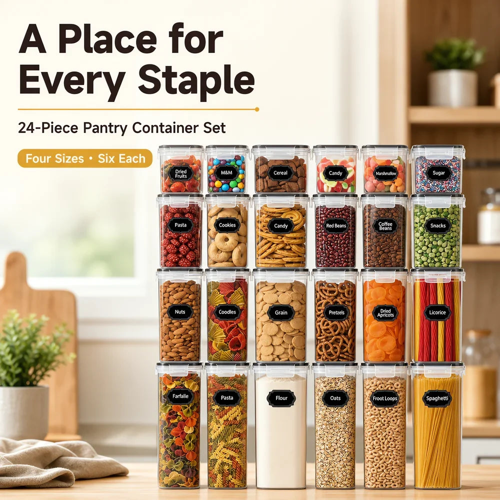 Airtight Cereal Container Set, 24-Piece ABS Pantry Storage Canisters with Lids in 4 Sizes for Flour, Sugar and Pasta - product view 3