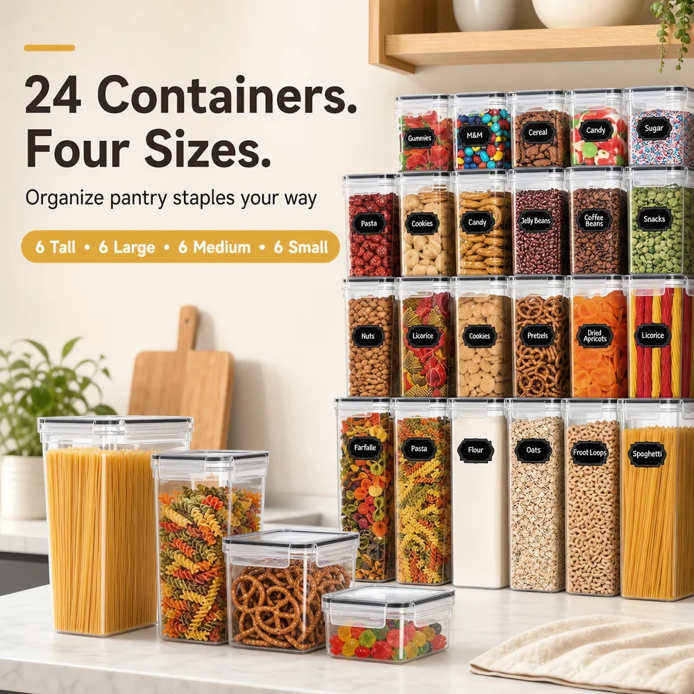 Airtight Cereal Container Set, 24-Piece ABS Pantry Storage Canisters with Lids in 4 Sizes for Flour, Sugar and Pasta - product view 4