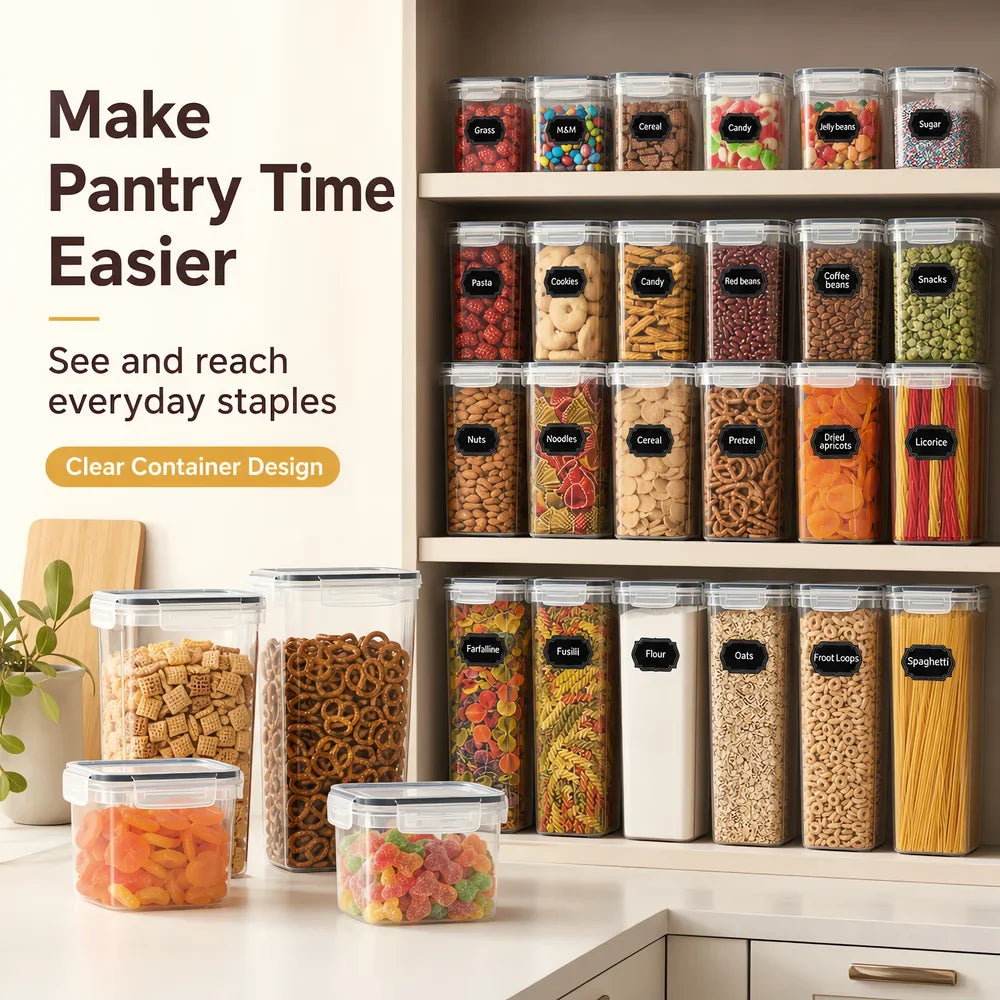 Airtight Cereal Container Set, 24-Piece ABS Pantry Storage Canisters with Lids in 4 Sizes for Flour, Sugar and Pasta - product view 5