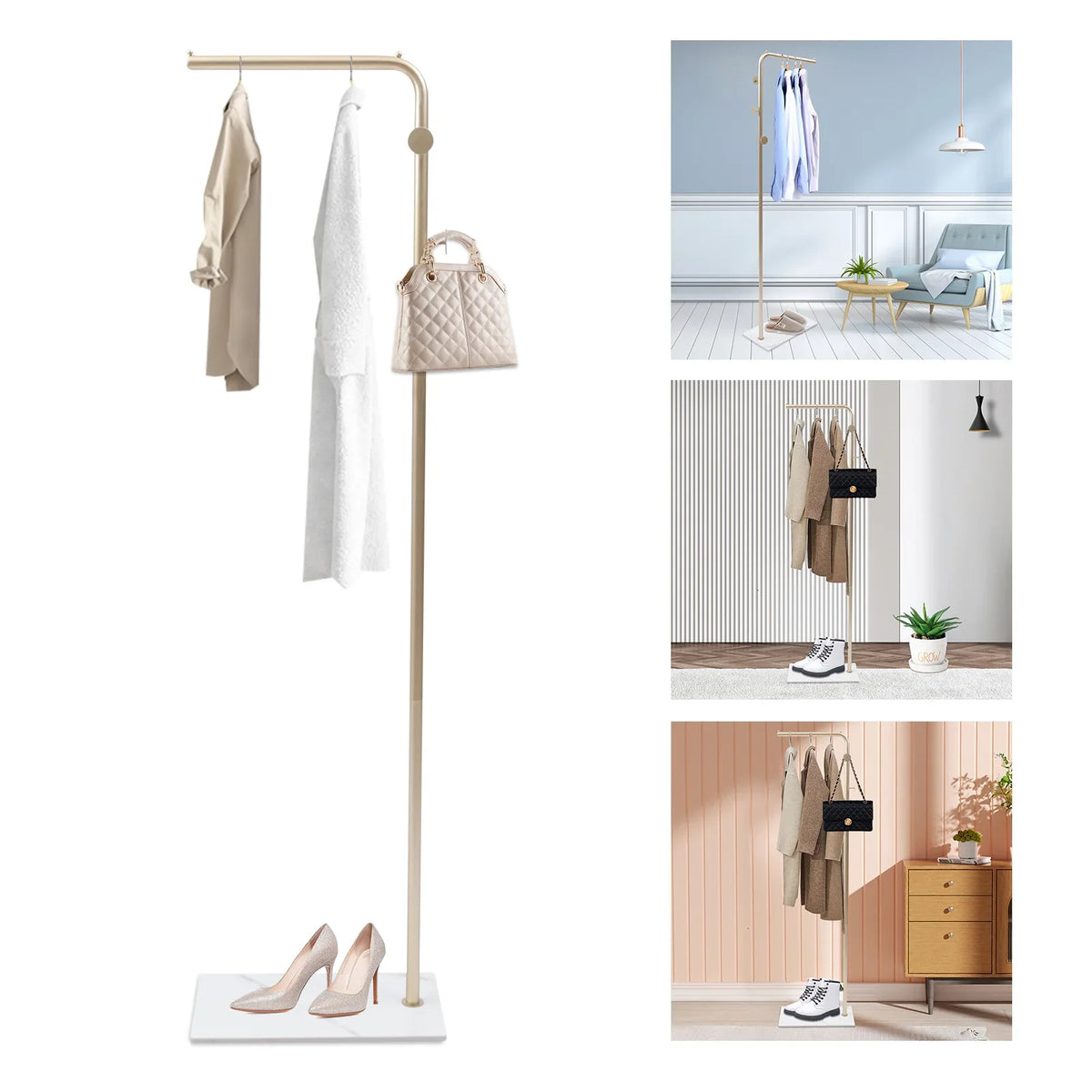 Freestanding Garment Rack, Gold Metal Clothes Stand with Hooks, Shoe Storage, Rock Slab Base and Open Design for Bedroom or Hallway - product view 2
