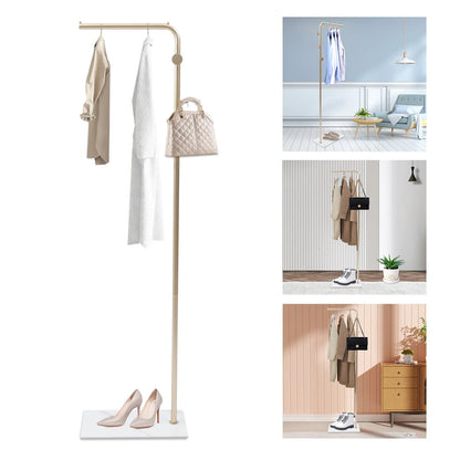Freestanding Garment Rack, Gold Metal Clothes Stand with Hooks, Shoe Storage, Rock Slab Base and Open Design for Bedroom or Hallway - product view 2
