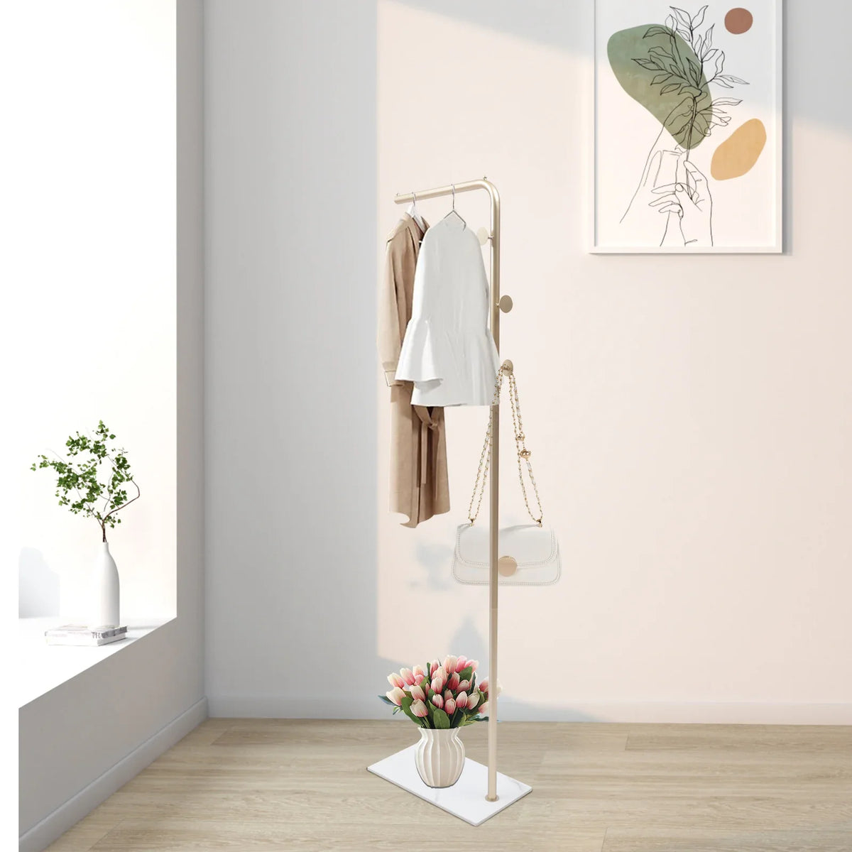 Freestanding Garment Rack, Gold Metal Clothes Stand with Hooks, Shoe Storage, Rock Slab Base and Open Design for Bedroom or Hallway - product view 5