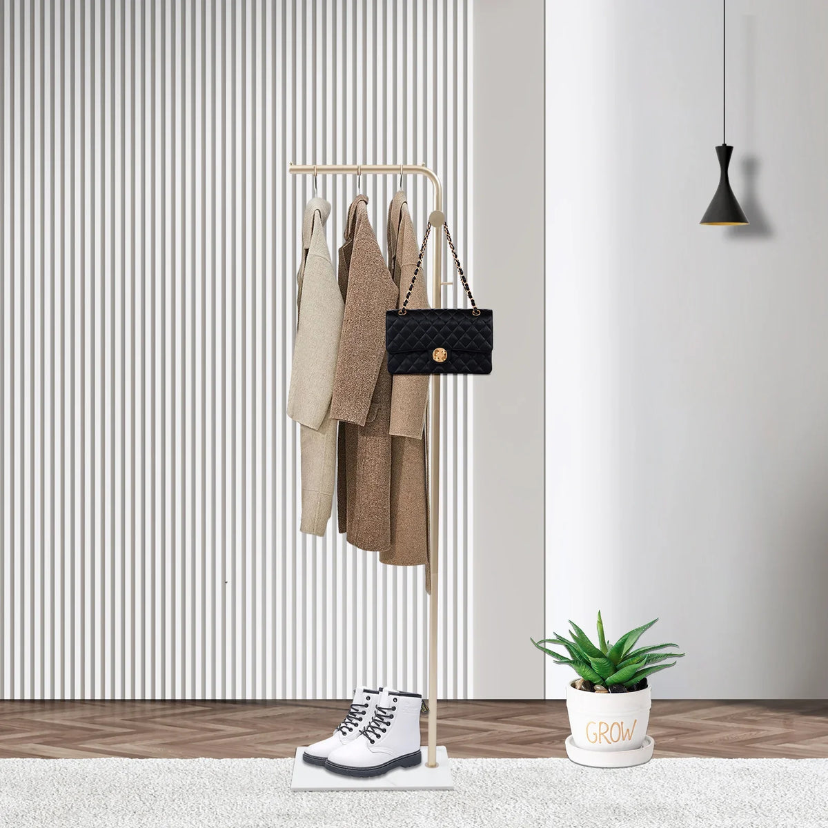 Freestanding Garment Rack, Gold Metal Clothes Stand with Hooks, Shoe Storage, Rock Slab Base and Open Design for Bedroom or Hallway - product view 6