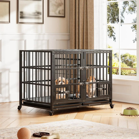 Heavy-Duty Dog Crate, Steel Wire Kennel with Double Door, Lockable Wheels and Removable Tray, 42 or 48 Inch - product view 1