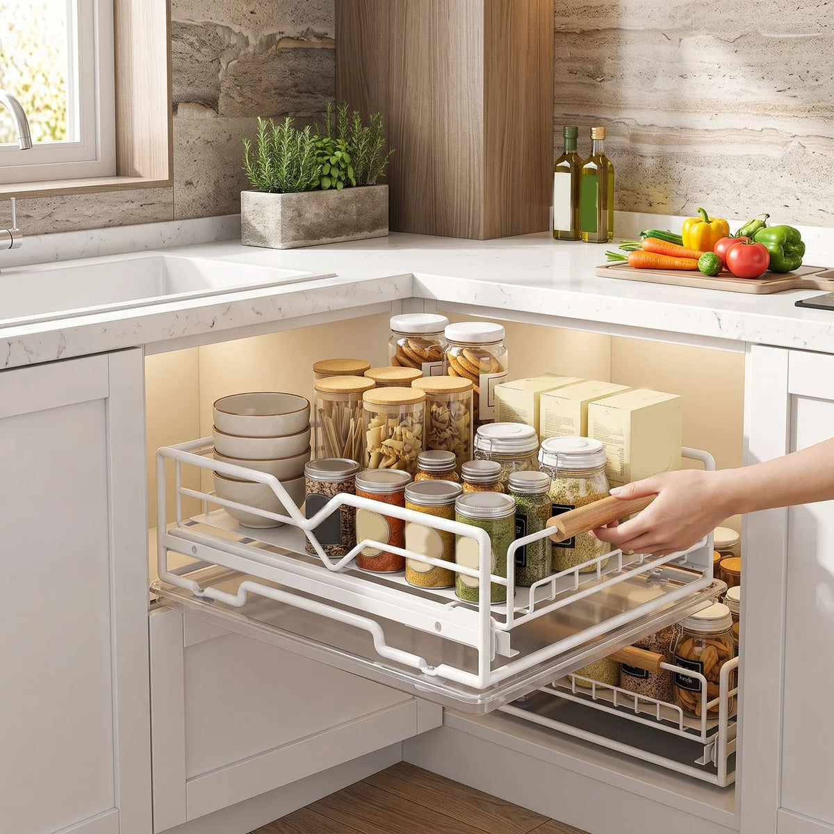 Pull-Out Cabinet Organizer, White Iron Slide-Out Drawer with Drain Tray, 30 x 40 x 13 cm for Kitchen and Under Sink - product view 2