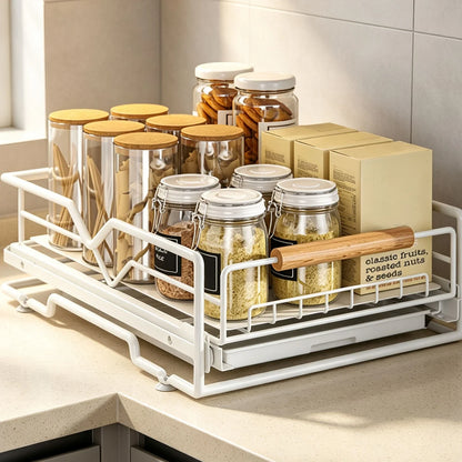 Pull-Out Cabinet Organizer, White Iron Slide-Out Drawer with Drain Tray, 30 x 40 x 13 cm for Kitchen and Under Sink - product view 3