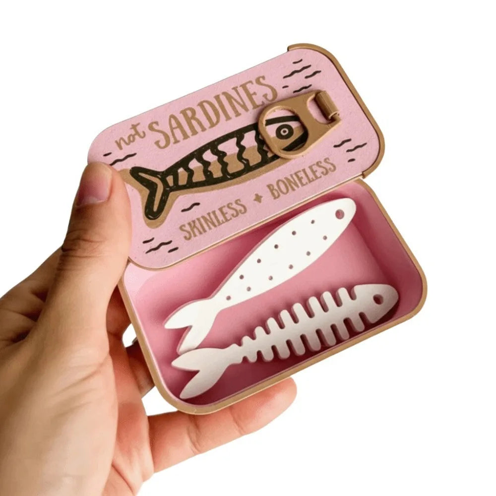Sardine Can Jewelry Box, Mini Plastic Organizer with Fishbone Insert and Sliding Lid for Earrings, Rings and Small Items - product view 2