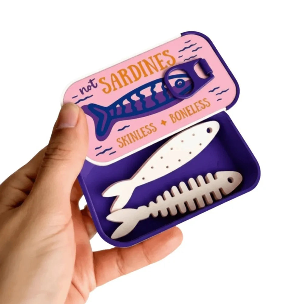 Sardine Can Jewelry Box, Mini Plastic Organizer with Fishbone Insert and Sliding Lid for Earrings, Rings and Small Items - product view 3