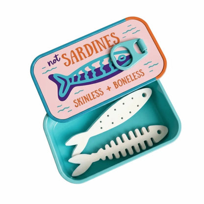 Sardine Can Jewelry Box, Mini Plastic Organizer with Fishbone Insert and Sliding Lid for Earrings, Rings and Small Items - product view 4