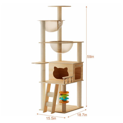 59-Inch Modern Cat Scratching Post Tower, Wood Cat Tree with Sisal Posts, Top Perch and Acrylic Hammock for Indoor Cats - product view 1