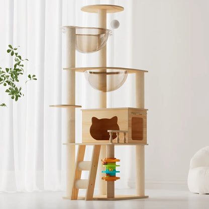 59-Inch Modern Cat Scratching Post Tower, Wood Cat Tree with Sisal Posts, Top Perch and Acrylic Hammock for Indoor Cats - product view 2
