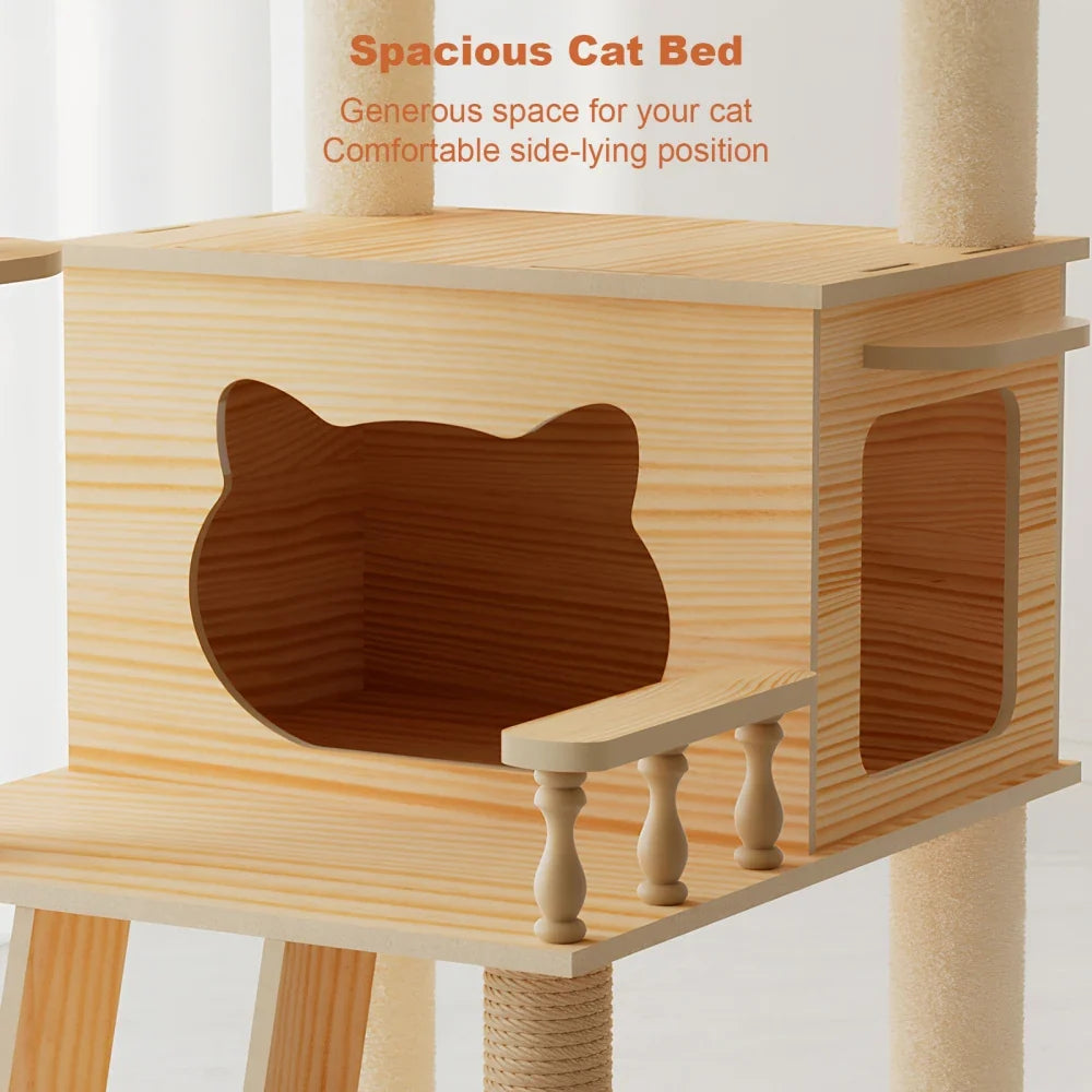 59-Inch Modern Cat Scratching Post Tower, Wood Cat Tree with Sisal Posts, Top Perch and Acrylic Hammock for Indoor Cats - product view 5